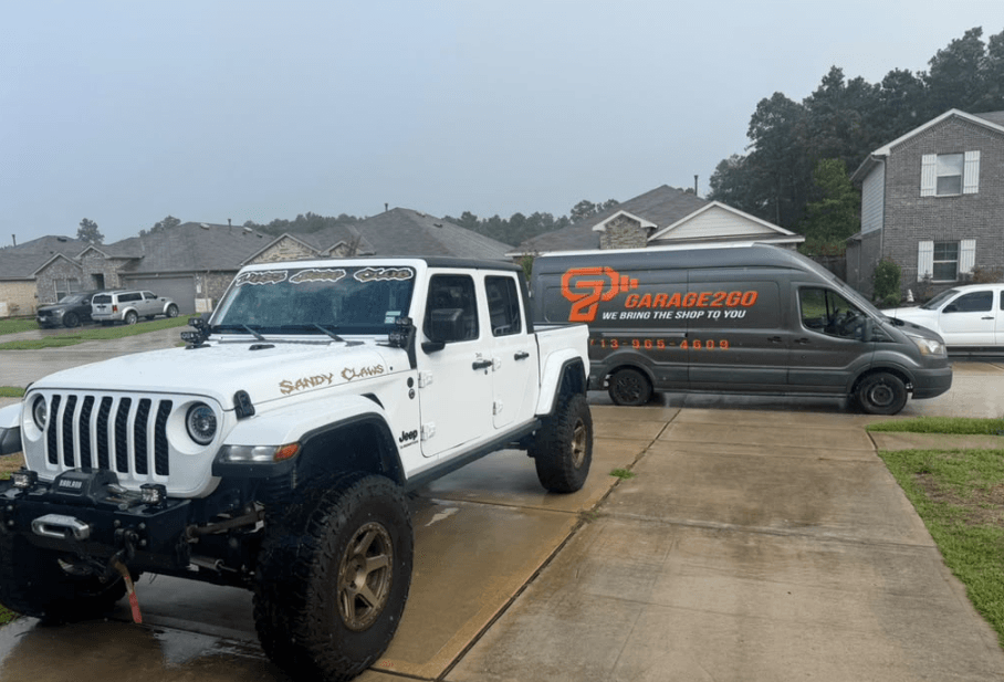 Garage2Go van at a home, preparing for service.